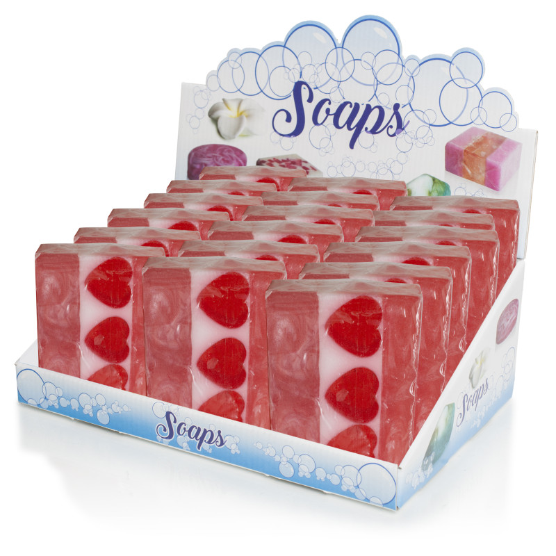 EXPOSITOR 18 UNIDADES JABONES CORAZONES FRUTOS ROJOS
