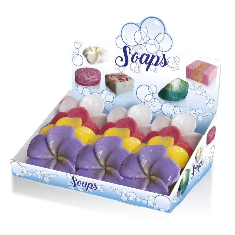 EXPOSITOR JABONES SOLIDOS EN FORMA DE FLOR COLORES SURTIDOS 12 UNIDADES