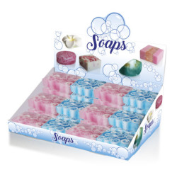 EXPOSITOR PASTILLAS DE JABON SURTIDAS ROSAS Y AZULES 25 UNIDADES