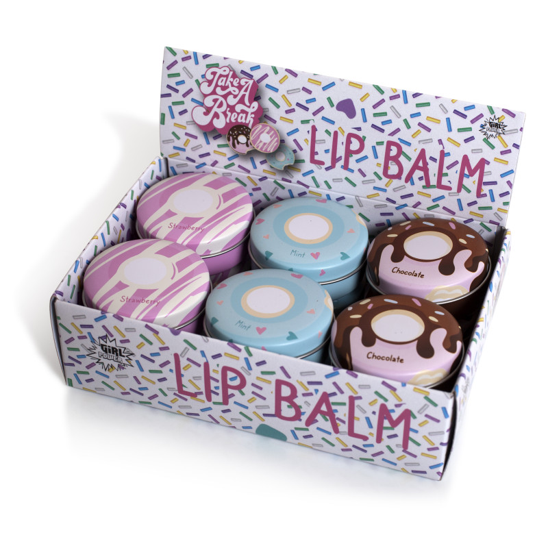 EXPOSITOR BALSAMO LABIAL DONUTS CHOCOLATE, MENTA Y FRESA 12 UNIDADES