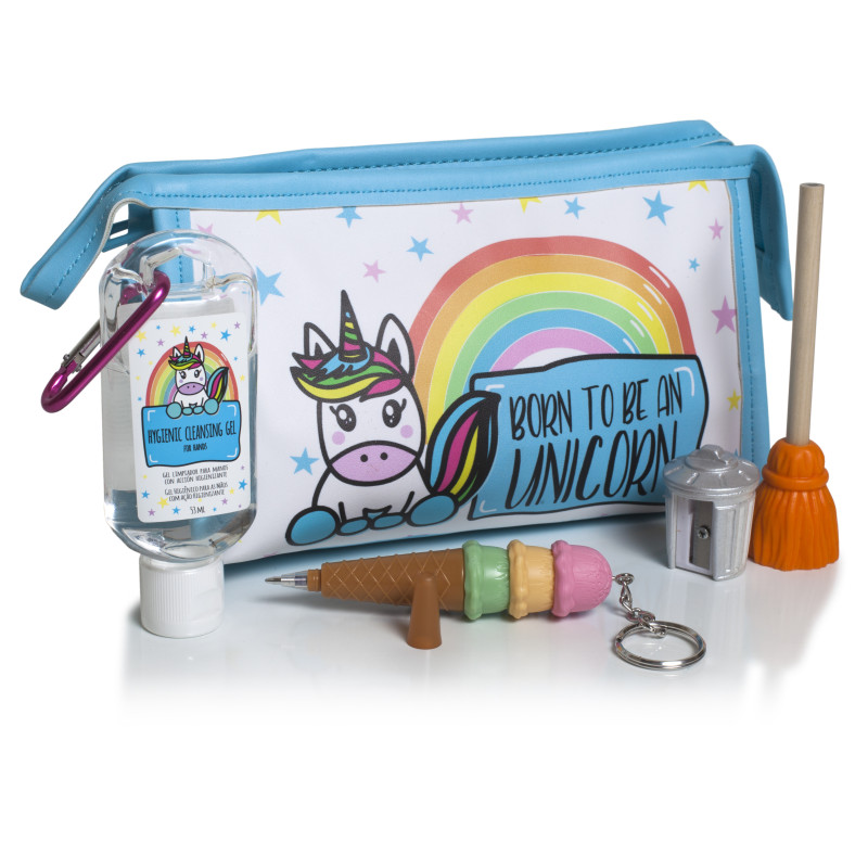 SET BORN TO BE A UNICORN, CON GEL LIMPIEZA DE MANOS, BOLIGRAFO, LAPIZ Y SACAPUNTAS