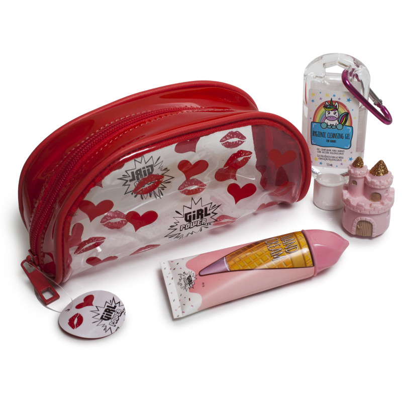 SET GIRL POWER CON NECESER TRANSPARENTE, CREMA DE MANOS, BALSAMO LABIAL CASTILLO Y GEL LIMPIADOR