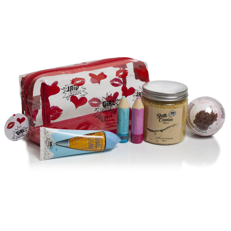 SET GIRL POWER CON NECESER TRANSPARENTE, CON CREMA DE MANOS, CAVIAR DE BAÑO, DOS BALSAMOS LABIALES Y BOMBA DE BAÑO