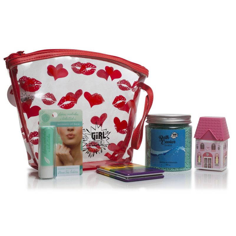 SET GIRL POWER CON NECESER TRANSPARENTE, CREMA DE MANOS, CAVIAR DE BAÑO, ESPEJO, Y BALSAMO LABIAL