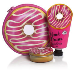 SET BOLSITO DONUTS, CON BALSAMO LABIAL Y CREMA DE MANOS FRESA