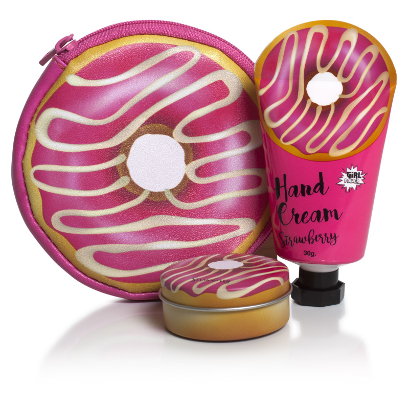 SET BOLSITO DONUTS, CON BALSAMO LABIAL Y CREMA DE MANOS FRESA