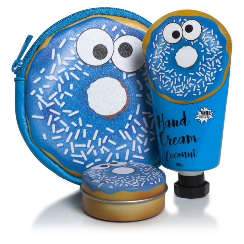 SET DE DONUTS CON BOLSITO, CREMA DE MANOS Y BALSAMO LABIAL