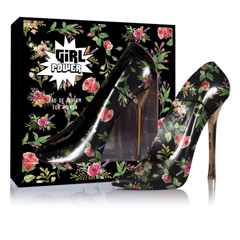 PERFUMER PARA MUJER. GIRL POWER. TACON NEGRO CON FLORES