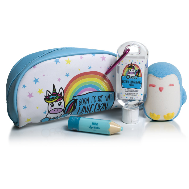 SET BORN TO BE A UNICORN. CON NECESER, GEL LIMPIADOR DE MANOS,. BALSAMO LABIAL Y BOMBA DE BAÑO