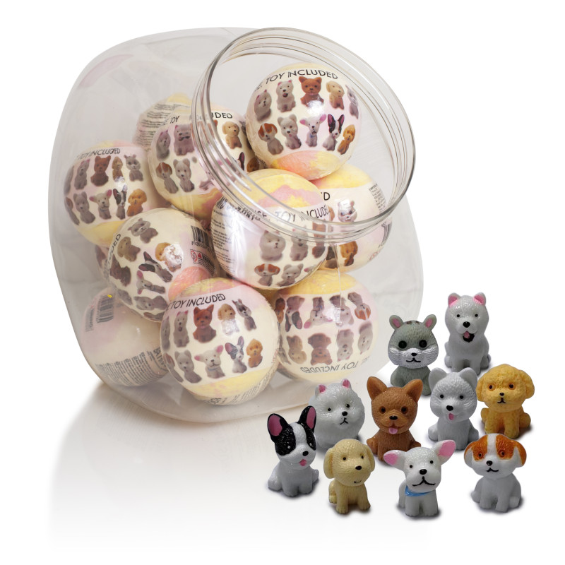 EXPOSITOR 16 UNIDADES. BOMBA DE BAÑO CON JUGUETE PERRO INCLUIDO.